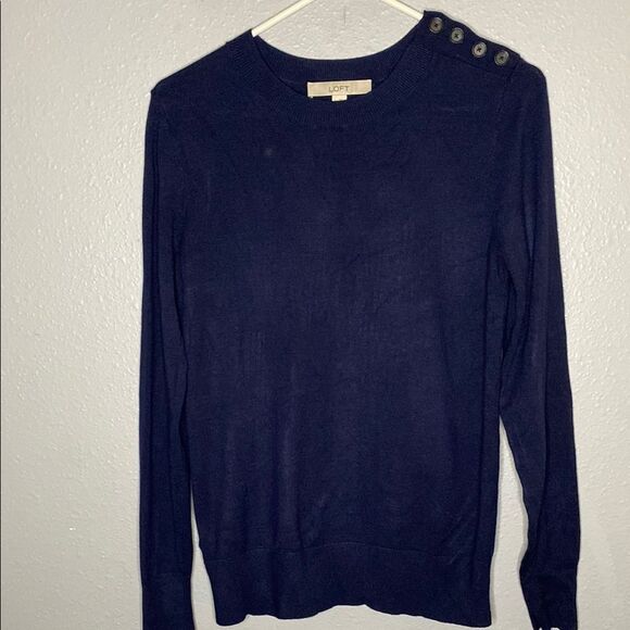 Loft Navy Crew Neck Button Shoulder Detail Soft Sweater Size Small - Picture 1 of 9